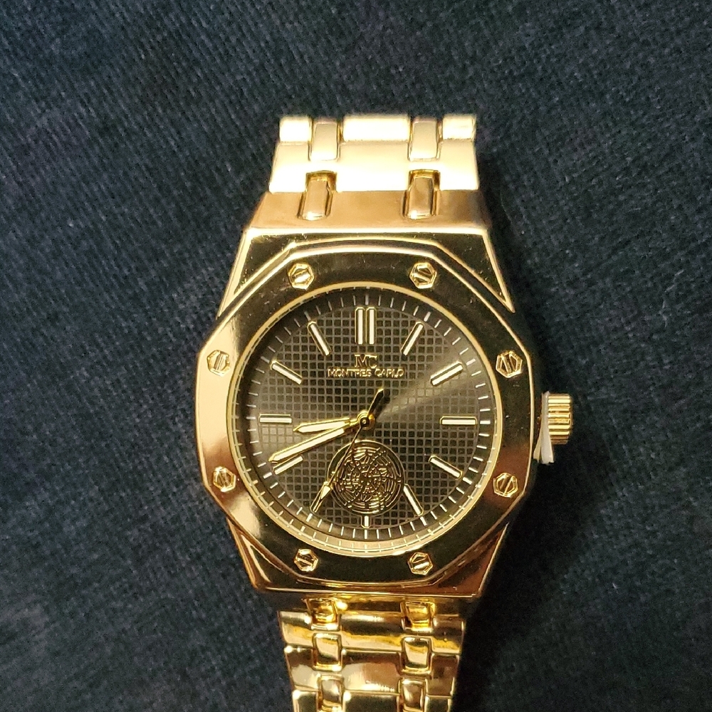 Men's Gold and Black Dress Watch with Textured Dial